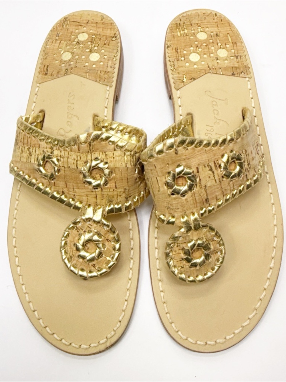 Jack Rogers Gold Metallic Cork-Trim Thong Sandals size 7